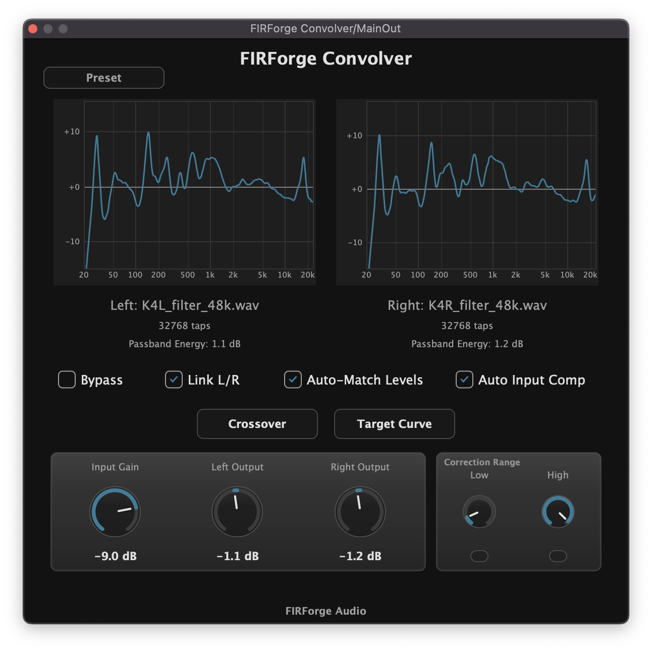 FIRForge Convolver AU/VST3 plugin with stereo FIR filters loaded