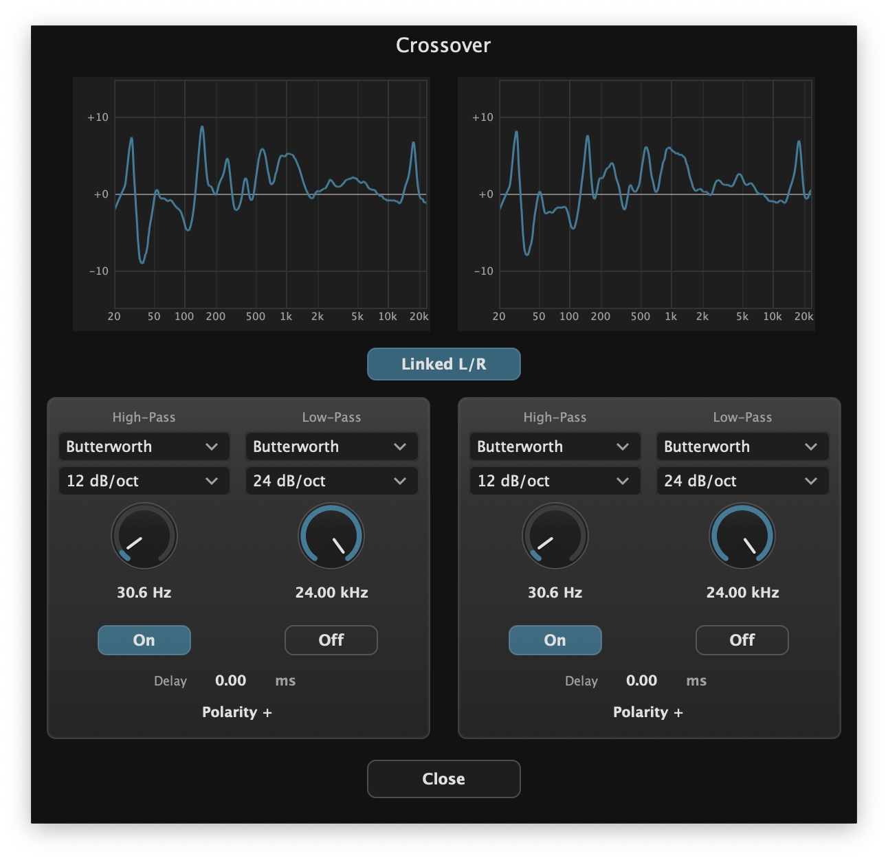 FIRForge Convolver crossover tools with high-pass and low-pass controls